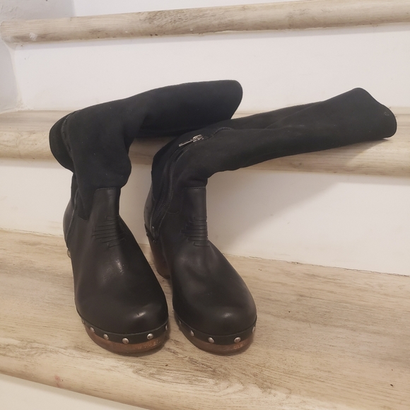 Womens UGG Jemma 3205 Shearling Lined Knee Boots 7 Black Leather Brown Heel - Picture 3 of 8